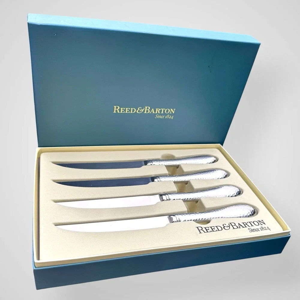 Reed & Barton Hammered‎ Antique 4 Piece Steak Knife Set in Box Stainless Steel